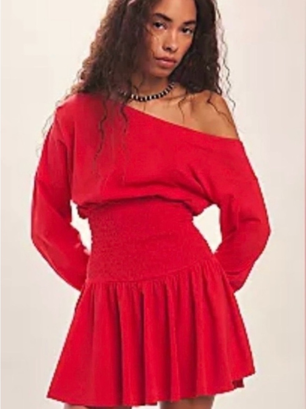 Free People One-Shoulder Red Smocked-Waist Mini Dress